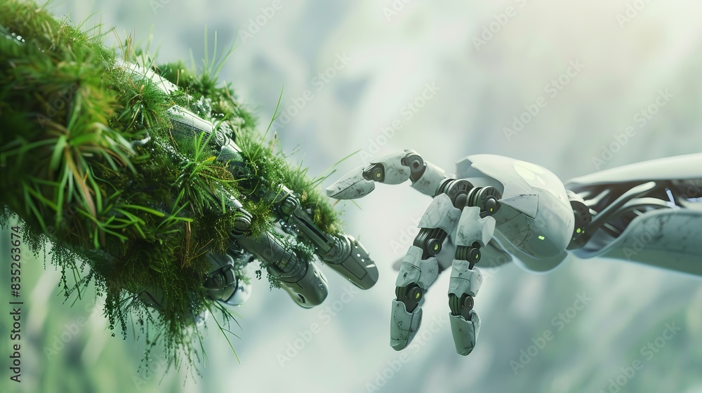 Aufkleber exploring the convergence of nature and technology, a 3d rendering showcases robot and human hands, 