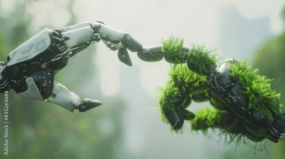 Aufkleber exploring the convergence of nature and technology, a 3d rendering showcases robot and human hands, 
