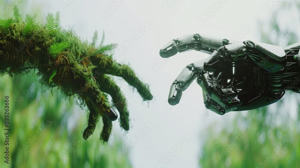 Aufkleber exploring the convergence of nature and technology, a 3d rendering showcases robot and human hands, 