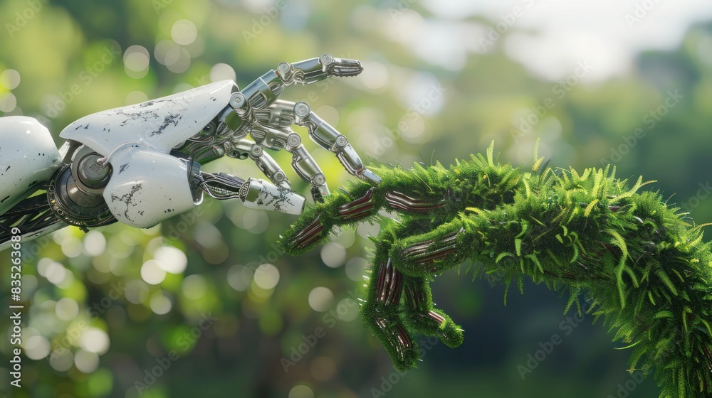 Aufkleber exploring the convergence of nature and technology, a 3d rendering showcases robot and human hands, 