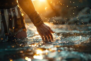 Crossing the Rubicon River: Julius Caesar's Hand Touches the Water, Symbolizing His Historic Decision That Changed the Course of Roman History.