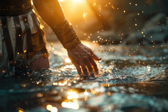 Crossing the Rubicon River: Julius Caesar's Hand Touches the Water, Symbolizing His Historic Decision That Changed the Course of Roman History.