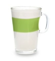Matcha latte green tea with foam  serving in transparent tall glass with handle, cafe style isolated clipping path on white background.
