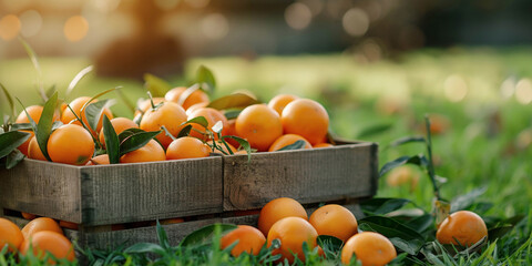 wooden box with tangerines in a garden on a green lawn with copy space on the left. harvested harvest. Advertising banner.