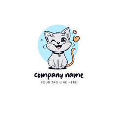 Cute Cat Vector Logo, Minimalist Pet Shop Design, Smiling Cat with Heart Symbol