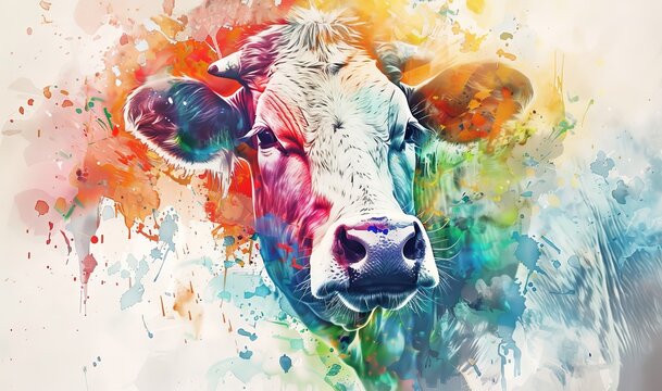 Watercolor art of a vibrantly colored cow on a splash background. Concept of farming, nature, animal art, abstract design
