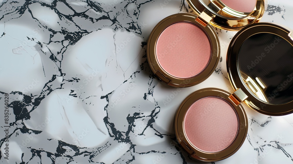 Poster two compact cases, one with powder and one with blush, are shown on a marble surface. generative ai