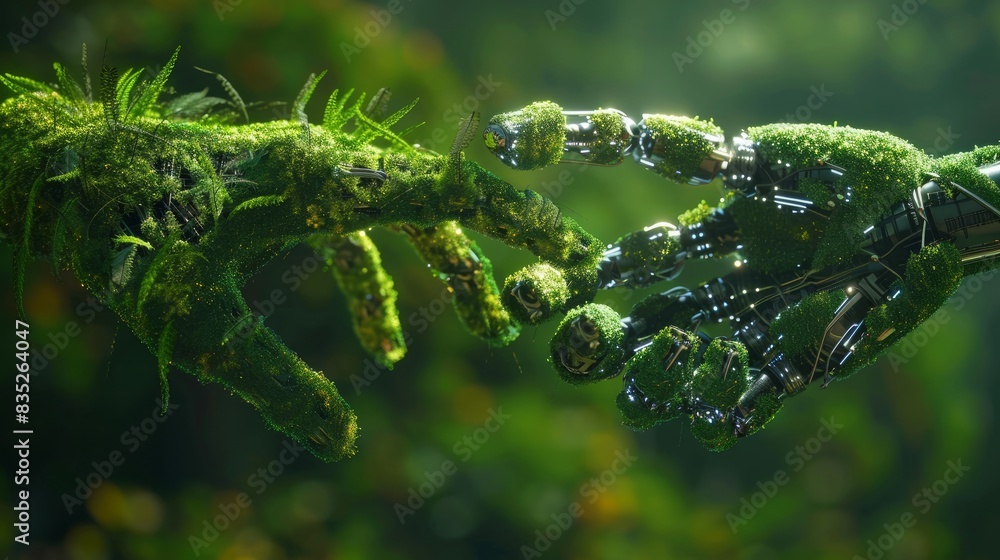 Aufkleber exploring the convergence of nature and technology, a 3d rendering showcases robot and human hands, 