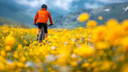 Fototapeta premium Male cyclist riding a bike on a picturesque forest path during sunset. Active lifestyle and outdoor recreation. Concept of fitness, nature, adventure, cycling