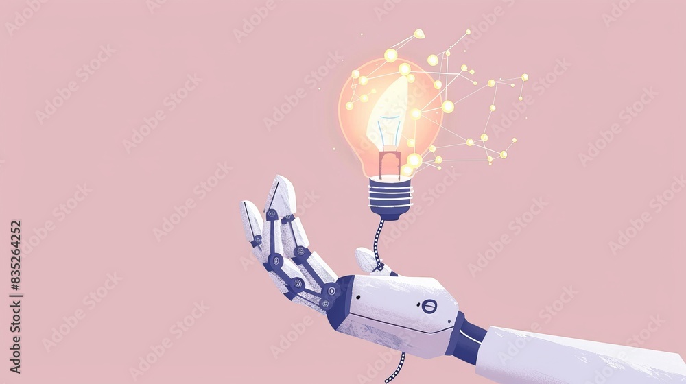 Poster illustrating an ai assistant with a globe-shaped light bulb held by a robot hand, portraying the syn