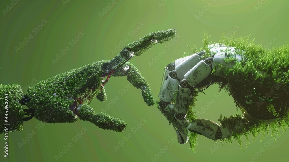 Aufkleber exploring the convergence of nature and technology, a 3d rendering showcases robot and human hands, 