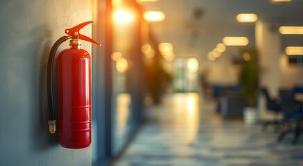 Red fire extinguisher mounted on a wall in a modern office hallway. Safety equipment for emergency situations. Concept of fire safety, emergency response, workplace safety, preparedness. Copy space