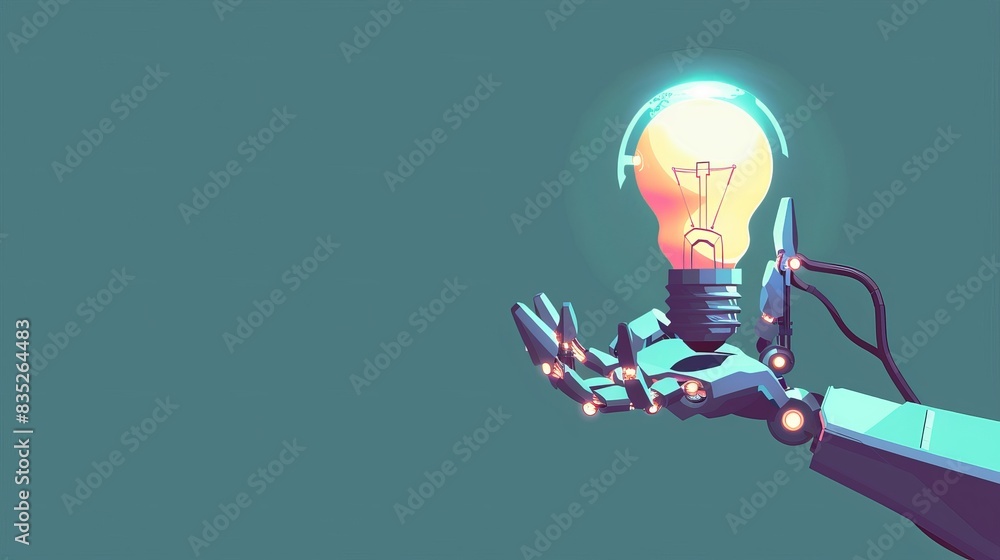 Poster illustrating an ai assistant with a globe-shaped light bulb held by a robot hand, portraying the syn