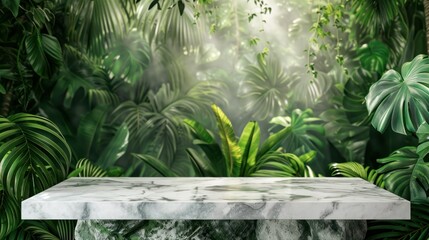 empty marble top product display showcase stage with tropical lush jungle leaves background