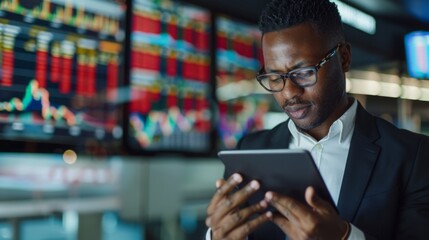 Fototapeta premium A man wearing a suit standing and looking intently at a digital tablet in his hands.
