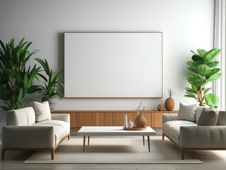 Blank TV screen in a sleek living room, ideal for displaying your video content or artwork
