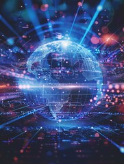 Obraz premium A holographic display of a globe with AI connections, with copy space on the top and bottom