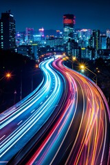 Fototapeta premium Modern Technology Concept: Smart city with speed line glowing light trail surround the city