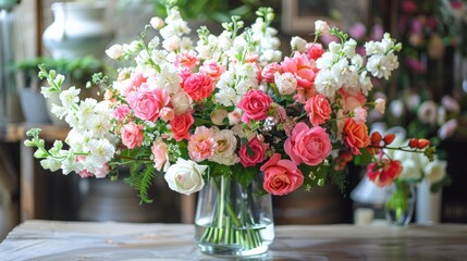 Floral Arrangement: Create a stunning floral arrangement with diverse blooms, elegant vases, and a touch of greenery, perfect for wedding promotions