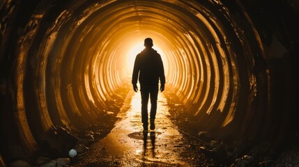 Silhouette of a man walking towards light in a tunnel. Person in a dark corridor illuminated by a bright glow. Journey, mystery, exploration, dramatic light concept. Light at the end of the tunnel