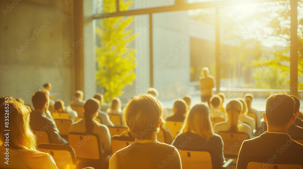 Poster an audience attending a presentation in a brightly lit room, concept of learning and corporate train