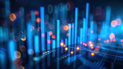Fototapeta premium Illustrating business growth, progress, or success, a financial bar chart and expanding graphs stand out against a dark blue backdrop with depth of field.