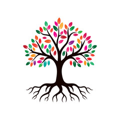 Tree with Colorful Leaves and Roots Vector, Modern and Simple Tree Illustration