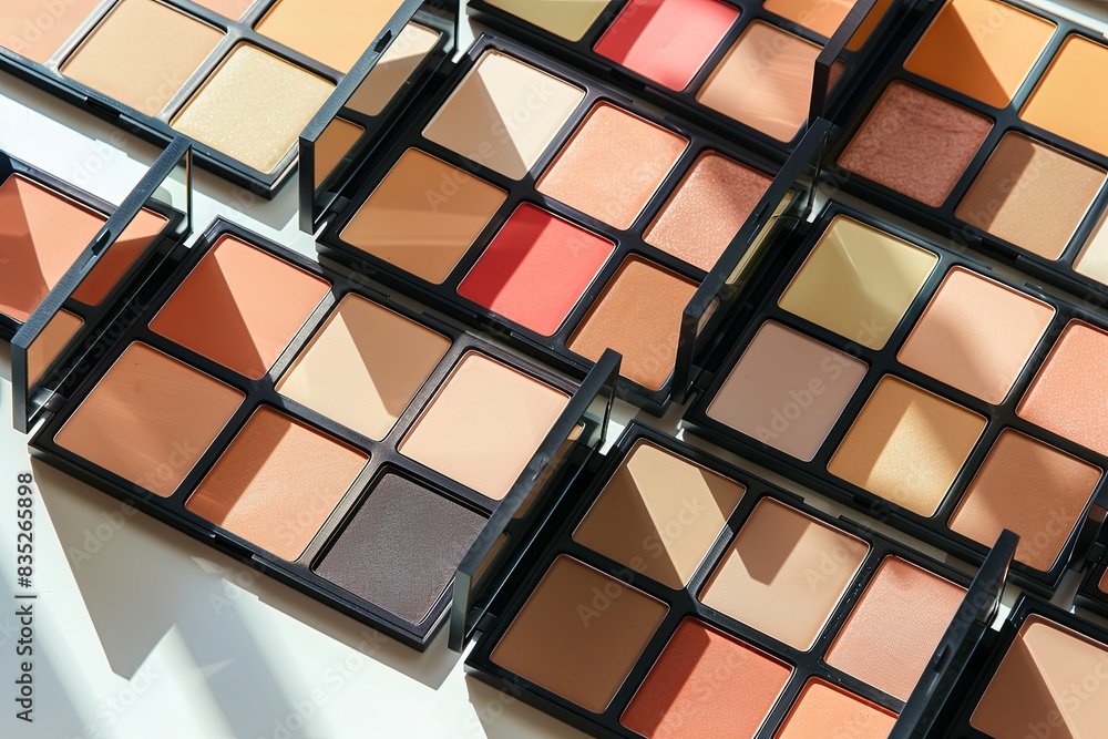 Poster a close-up image of several makeup palettes, featuring various contouring and highlighting shades. g