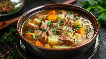 Hearty homemade beef stew with vegetables in rustic bowl