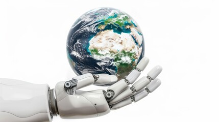 In a 3D rendering, a robot hand cradles planet Earth against a white background, allowing for easy isolation.