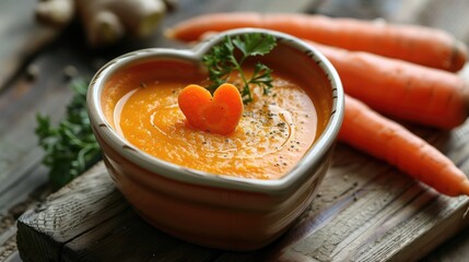 Carrot and ginger soup served in a heart shaped dish with carrot decoration