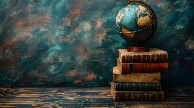 Concept study abroad education, graduation with globe and books against blackboard background. Suitable for educational and promotional materials.