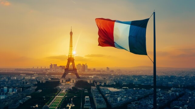 A French Flag Waving Over the Eiffel Tower at Sunset in Paris