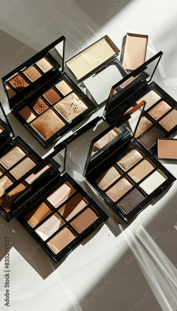 Poster a collection of contouring and highlighting makeup palettes, organized on a light surface. generativ