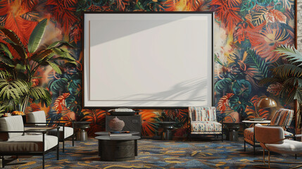 Artistic co-working space with a blank white frame on a vibrant, patterned wall, surrounded by stylish furniture and modern art pieces.