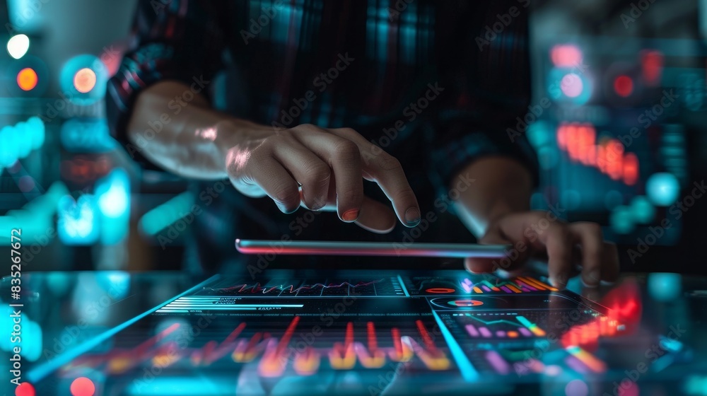 Poster reflecting on economic growth, a businessman analyzes data and a graph chart on a tablet screen, wit
