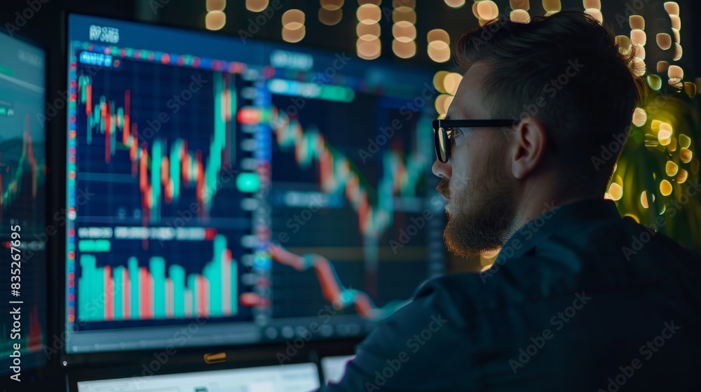 Poster a man seated in front of a computer monitor, focused on the screen and typing on a keyboard.
