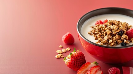 A bowl of granola with milk and fresh fruits, set against a bright background with copy space on the left