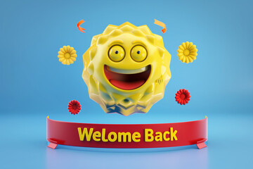 A brilliant sapphire blue backdrop for a 3D luxury yellow emoji, its expressions joyously welcoming back. Below, the red ribbon banner sports "Welcome Back" in cheerful yellow.