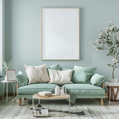 A chic living space with a soft mint green sofa and an empty white frame, evoking a sense of freshness and serenity.