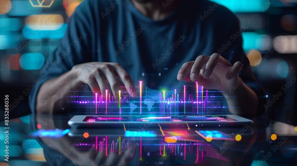 Poster reflecting on economic growth, a businessman analyzes data and a graph chart on a tablet screen, wit