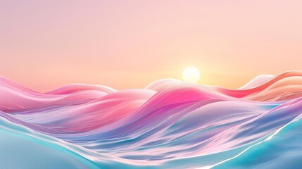 Pastel blush pink sky complemented by a 3D render of delicate rainbow geometric waves, set in a minimalist style for a romantic and soothing effect