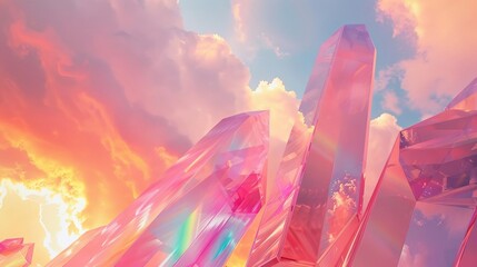 Naklejka premium Pastel blush pink sky complemented by a closeup of delicate rainbowcolored geometric shapes, set in a minimalist style for a romantic and soothing effect