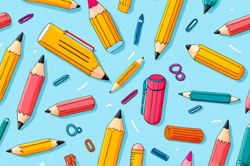 Playful Seamless Pattern with Colorful Stationery Illustrations on Light Blue Background