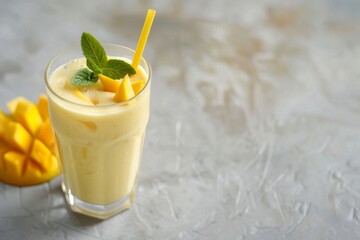 Fototapeta premium A glass of mango lassi with fresh mango slices and a straw, providing copy space on the right