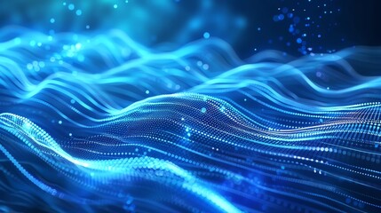Abstract blue digital wave with light dots, representing futuristic technology, data flow, and innovation. Ideal for tech backgrounds.