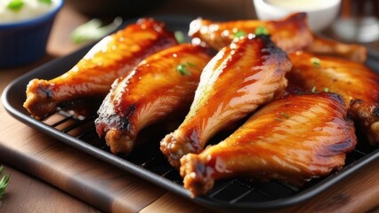 Fototapeta premium A close-up of deliciously grilled chicken wings, perfectly charred with a glossy glaze. The wings are garnished with fresh herbs, making them an appetizing sight for any barbecue lover