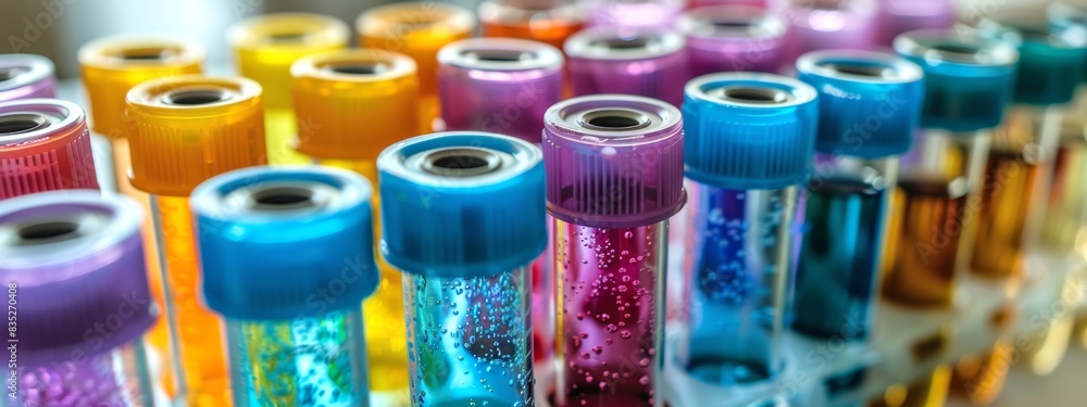 Poster colored liquids in test tubes arranged in a row in a laboratory setting. concept of science, experim
