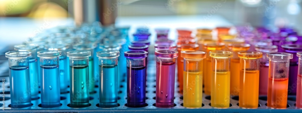 Poster colored liquids in test tubes arranged in a row in a laboratory setting. concept of science, experim