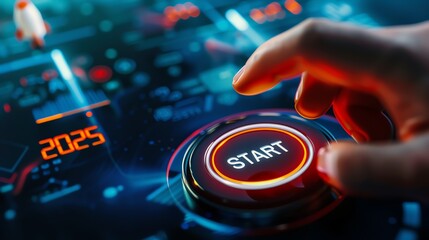 Futuristic scene with a hand pressing a start button on a high-tech interface, glowing numbers, and advanced technology elements.